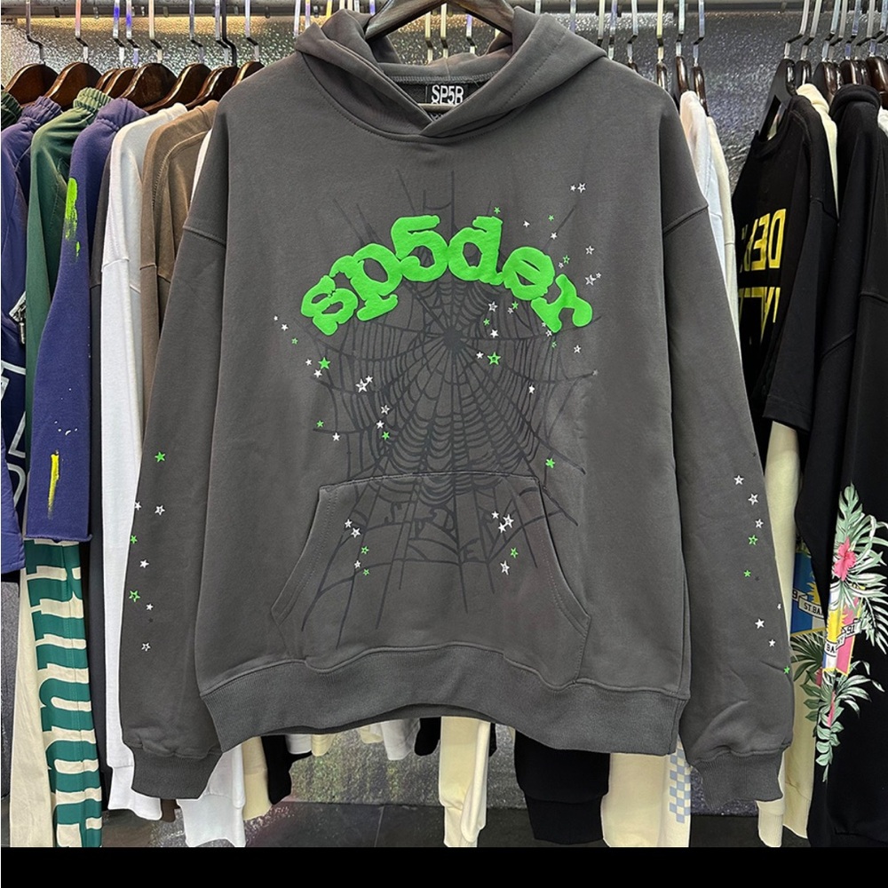 SP5DER Gray Hoodie with Green Accents